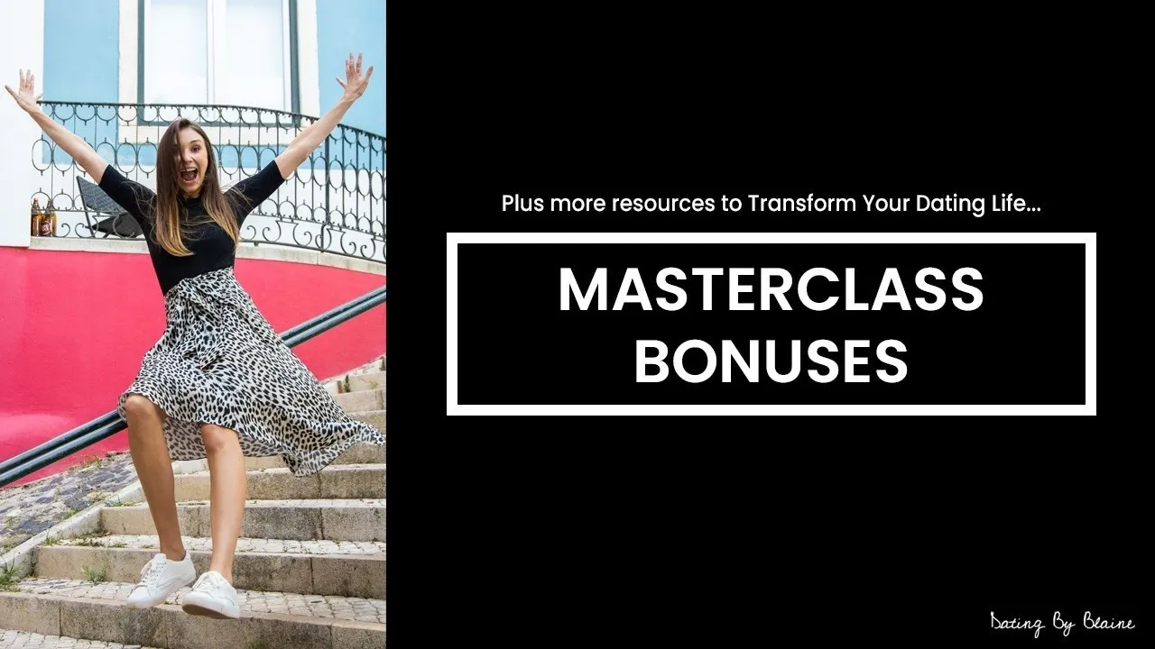 Graphic with Blaine at left, in a leopard print skirt and black top, raising her arms and smiling, with text "Masterclass Bonuses" at right