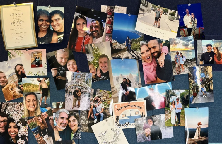 Photo of a posterboard covered with photos of Blaine's happy clients